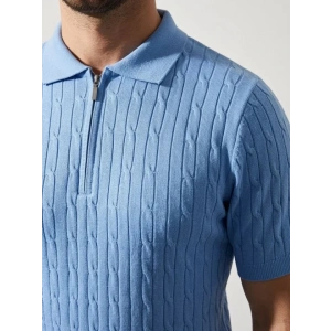 Erkek Yazlık Triko Saç Örgü Tişört Kısa Kol Polo Yaka Fermuarlı T-Shirt - Bebe Mavisi
