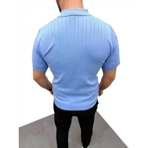 Erkek Yazlık Triko Saç Örgü Tişört Kısa Kol Polo Yaka Fermuarlı T-Shirt - Bebe Mavisi
