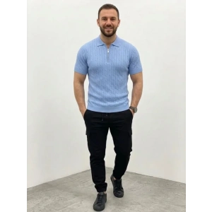Erkek Yazlık Triko Saç Örgü Tişört Kısa Kol Polo Yaka Fermuarlı T-Shirt - Bebe Mavisi