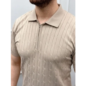 Erkek Yazlık Triko Saç Örgü Tişört Kısa Kol Polo Yaka Fermuarlı T-Shirt - Bej