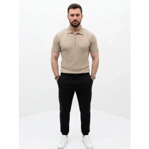 Erkek Yazlık Triko Saç Örgü Tişört Kısa Kol Polo Yaka Fermuarlı T-Shirt - Bej