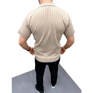 Erkek Yazlık Triko Saç Örgü Tişört Kısa Kol Polo Yaka Fermuarlı T-Shirt - Bej