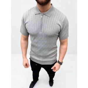 Erkek Yazlık Triko Saç Örgü Tişört Kısa Kol Polo Yaka Fermuarlı T-Shirt - Gri