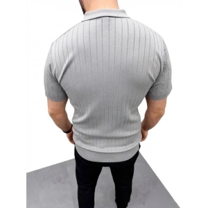 Erkek Yazlık Triko Saç Örgü Tişört Kısa Kol Polo Yaka Fermuarlı T-Shirt - Gri