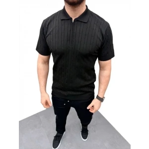 Erkek Yazlık Triko Saç Örgü Tişört Kısa Kol Polo Yaka Fermuarlı T-Shirt - Siyah