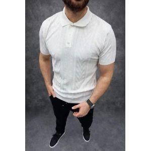 Erkek Yazlık Triko Tişört Kısa Kol Polo Yaka Düğmeli T-Shirt - Beyaz