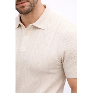 Erkek Yazlık Triko Tişört Kısa Kol Polo Yaka Düğmeli T-Shirt - Krem