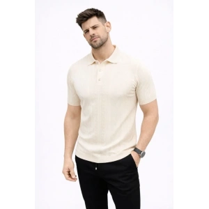 Erkek Yazlık Triko Tişört Kısa Kol Polo Yaka Düğmeli T-Shirt - Krem