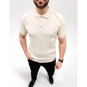 Erkek Yazlık Triko Tişört Kısa Kol Polo Yaka Düğmeli T-Shirt - Krem