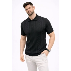 Erkek Yazlık Triko Tişört Kısa Kol Polo Yaka Düğmeli T-Shirt - Siyah