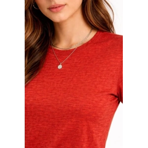 Flam Kumaş Melanj Dokulu Regular Fit Tişört Bisiklet Yaka Yazlık T-Shirt - Kiremit