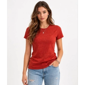 Flam Kumaş Melanj Dokulu Regular Fit Tişört Bisiklet Yaka Yazlık T-Shirt - Kiremit