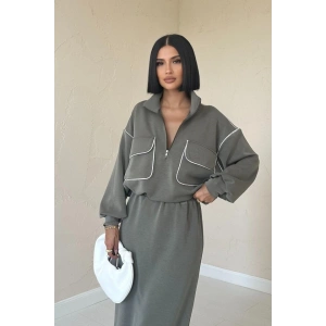 Haki Biyeli Sweatshirt Ve Etek Takım