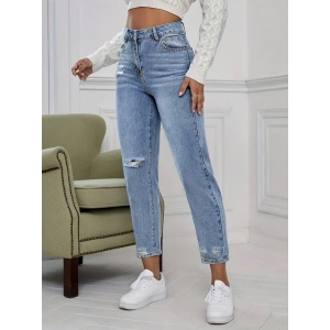 Kadın Açık Mavi Yırtık Mom Fit Kot Pantolon