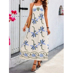Kadın Askılı Düz Yakalı Ciçek Desenli Uzun Süprem Elbise
