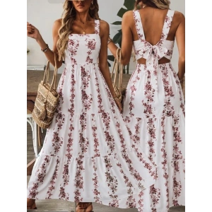 Kadın Askılı Kare Yakalı Sırttan Fiyonk Bağlama Detaylı Desenli Uzun Süprem Elbise