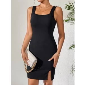 Kadın Askılı Kare Yakalı Yırtmaçlı Kısa Dalgıç Elbise