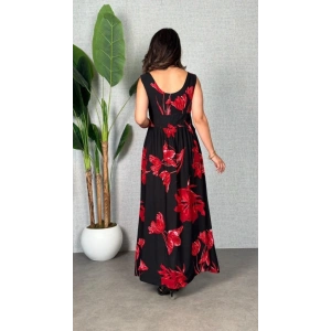 Kadın Askılı Kruvaze Yakalı Geniş Kesim Detaylı Yırtmaclı Uzun Süprem Elbise