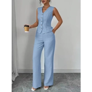 Kadın Askılı önden Düğmeli Bluz Ve Pantolon Keten Ikili Takım