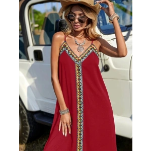 Kadın Askılı V Yakalı Etnik şerit Detaylı Uzun Viskon Elbise