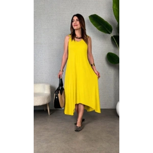 Kadın Askılı V Yakalı Halka Detaylı Asimetrik Kesim Detaylı Viskon Maxi Elbise