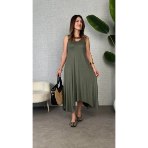 Kadın Askılı V Yakalı Halka Detaylı Asimetrik Kesim Detaylı Viskon Maxi Elbise