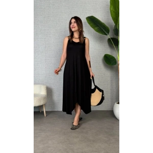 Kadın Askılı V Yakalı Halka Detaylı Asimetrik Kesim Detaylı Viskon Maxi Elbise