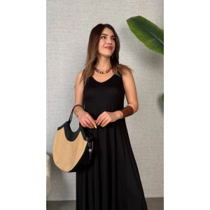 Kadın Askılı V Yakalı Halka Detaylı Asimetrik Kesim Detaylı Viskon Maxi Elbise