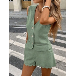 Kadın Askılı V Yakalı önden Düğmelı Bluz Ve Short Ikli Takım