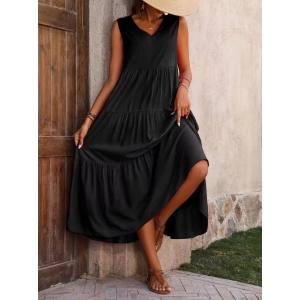 Kadın Askılı V Yakalı Uzun Dokuma Viskon Elbise