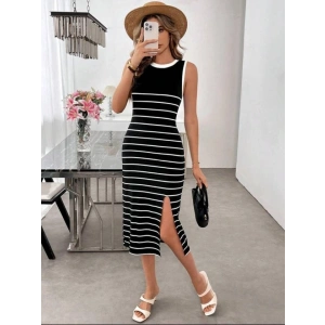 Kadın Askılı Yuvarlak Yaka şerit Detaylı Yırtmaçlı Midi Triko Elbise
