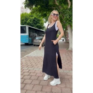 Kadın Askılı Yuvarlak Yakalı Cepli Yırtmaç Detaylı Viskon Elbise Ve Atlet Ikili Takım