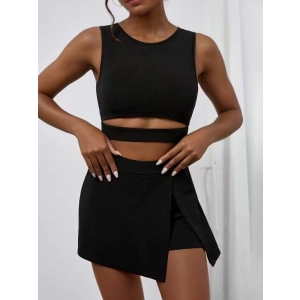 Kadın Askılı Yuvarlak Yakalı Krop Janjan Bluz Ve Shortlu Etek Ikili Takım
