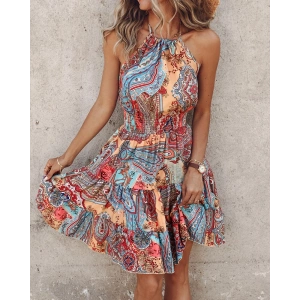 Kadın Beli Gipeli Boyundan Bağlamalı Desenli Süprem Mini Elbise