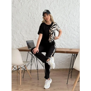 Kadın Bisiklet Yaka Kısa Kol Leopar Desen Bluz Ve Pantolon Ikili Takım