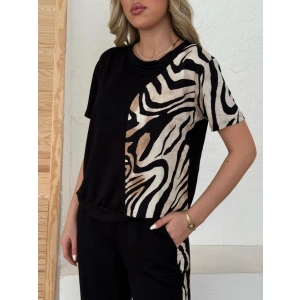 Kadın Bisiklet Yaka Kısa Kol Leopar Desen Bluz Ve Pantolon Ikili Takım