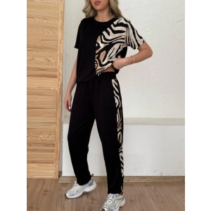 Kadın Bisiklet Yaka Kısa Kol Leopar Desen Bluz Ve Pantolon Ikili Takım