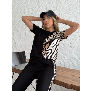 Kadın Bisiklet Yaka Kısa Kol Leopar Desen Bluz Ve Pantolon Ikili Takım