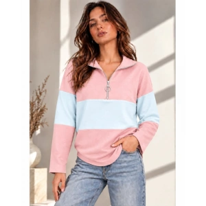 Kadın Fermuarlı Yaka Renk Bloklu Sweatshirt / Üst