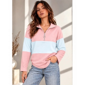 Kadın Fermuarlı Yaka Renk Bloklu Sweatshirt / Üst