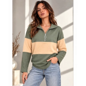 Kadın Fermuarlı Yaka Renk Bloklu Sweatshirt / Üst