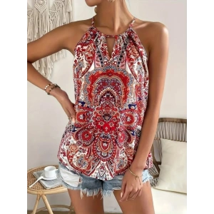 Kadın Halter Kollu Damla Detaylı Desenli Süprem Bluz