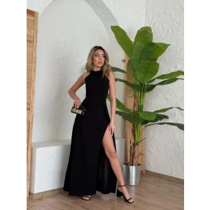 Kadın Halter Yaka Derin Yırtmaç Detaylı Tam Boy Ithal Krep Abiye Elbise