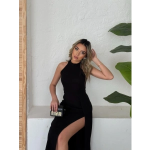 Kadın Halter Yaka Derin Yırtmaç Detaylı Tam Boy Ithal Krep Abiye Elbise