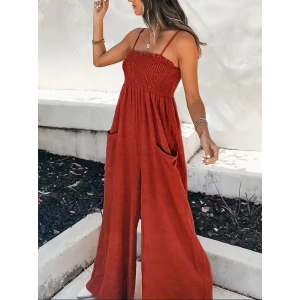 Kadın Ip Askılı Göğsü Lastik Detaylı Cepli Uzun Sofya Tulum