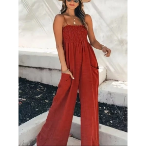 Kadın Ip Askılı Göğsü Lastik Detaylı Cepli Uzun Sofya Tulum
