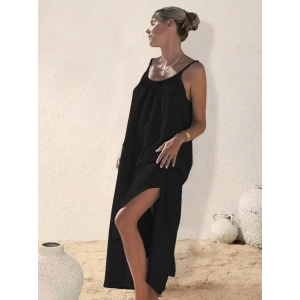 Kadın Ip Askılı Yuvarlak Yaka Yırtmaçlı Uzun Müslim Elbise