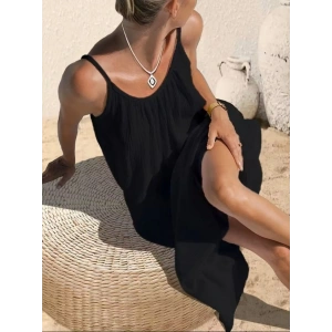 Kadın Ip Askılı Yuvarlak Yaka Yırtmaçlı Uzun Müslim Elbise