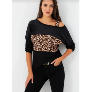 Kadın Kadife Kumaş Leopar Desenli Omuz Detay Uzun Kollu Bluz