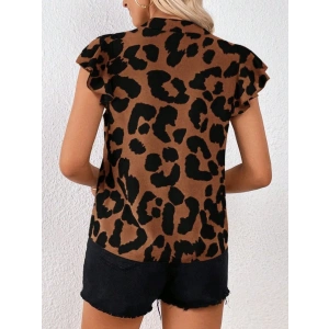 Kadın Kısa Fırfır Kollu V Yakalı Leopar Desenli Süprem Bluz